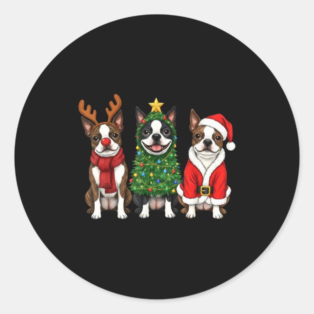 Retro Christmas Boston Terrier Santa Reindeer Dog  Runder Aufkleber (Vorderseite)