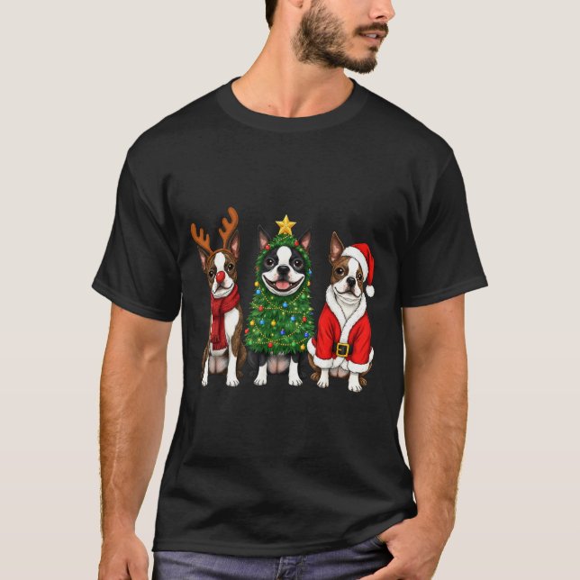 Retro Christmas Boston Terrier Santa Reindeer Dog  T-Shirt (Vorderseite)