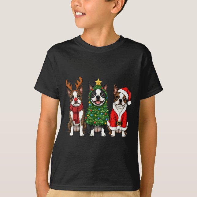 Retro Christmas Boston Terrier Santa Reindeer Dog  T-Shirt (Vorderseite)