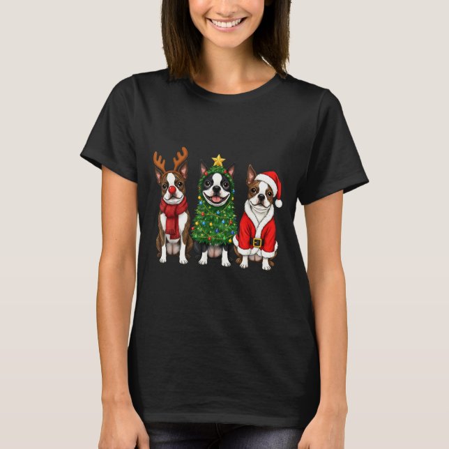 Retro Christmas Boston Terrier Santa Reindeer Dog  T-Shirt (Vorderseite)