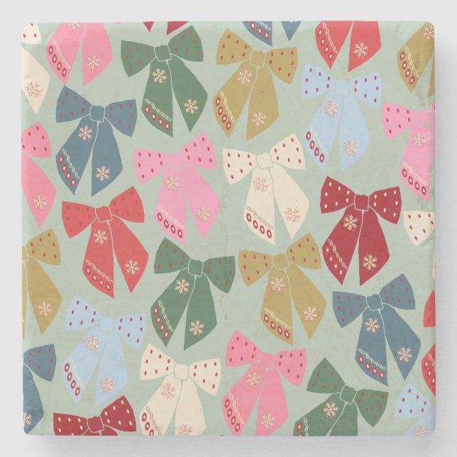 Retro Christmas Bows Coquette Steinuntersetzer (Vorderseite)