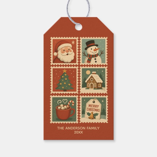 Retro Christmas Briefmarke Collage Geschenkanhänger (Vorderseite)