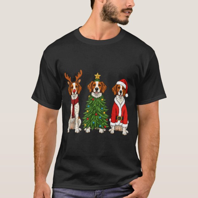 Retro Christmas Brittany Spaniel Santa Reindeer Do T-Shirt (Vorderseite)