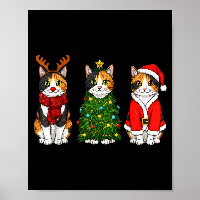 Retro Christmas Calico Cat Santa Reindeer  Poster (Vorne)