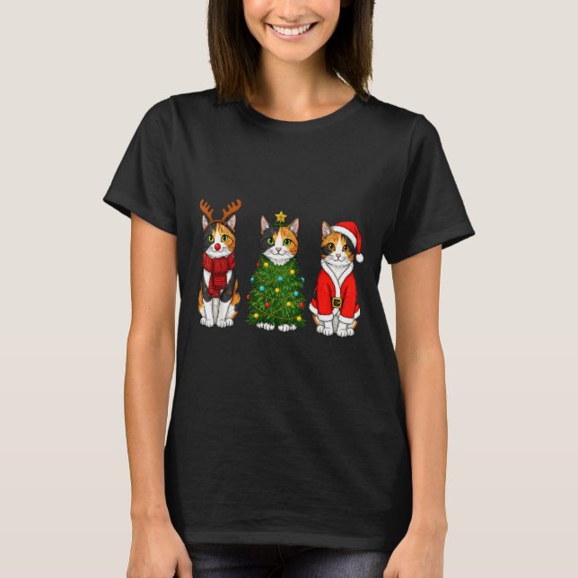 Retro Christmas Calico Cat Santa Reindeer  T-Shirt (Vorderseite)