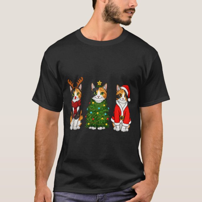 Retro Christmas Calico Cat Santa Reindeer  T-Shirt (Vorderseite)