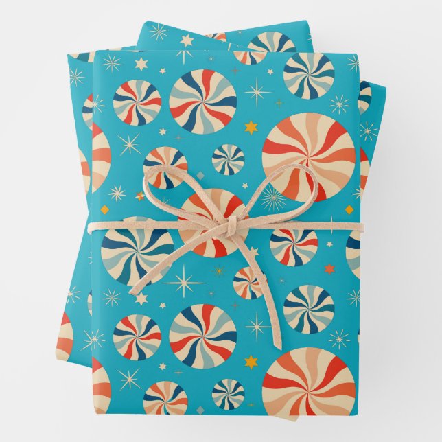 Retro Christmas Candy Cane Blue Geschenkpapier Set (Beispiel)