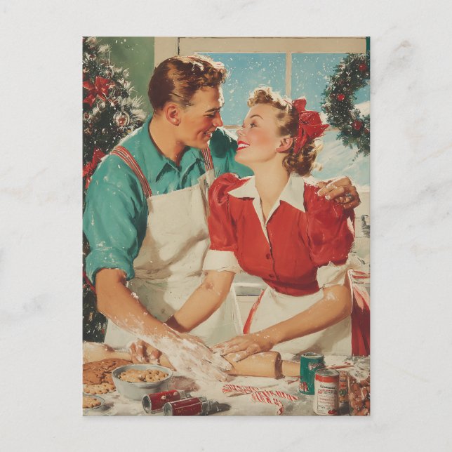 Retro Christmas Couple Baking Love Feiertagspostkarte (Vorderseite)