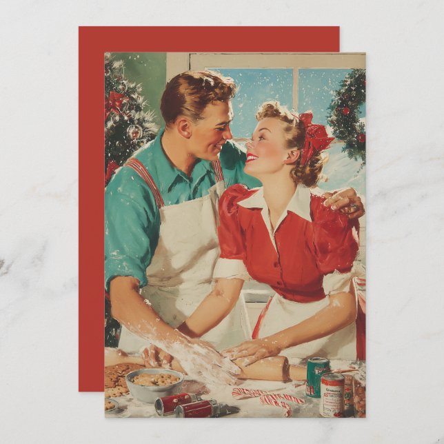 Retro Christmas Couple Baking Love Karte (Vorne/Hinten)