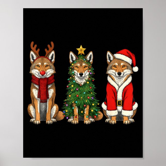 Retro Christmas Coyote Santa Reindeer  Poster (Vorne)