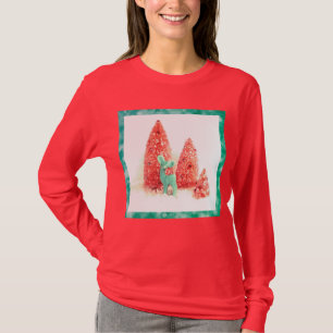 Retro Christmas Deer mit Aqua Frame auf Rot T-Shirt