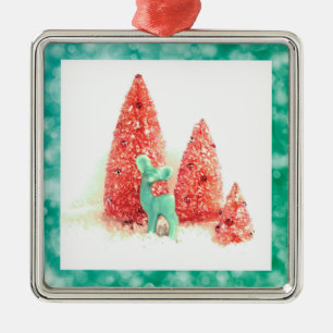 Retro Christmas Deer mit Aqua Frame Silbernes Ornament