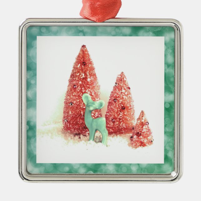 Retro Christmas Deer mit Aqua Frame Silbernes Ornament (Vorne)