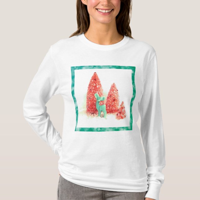 Retro Christmas Deer mit Aqua Frame T-Shirt (Vorderseite)