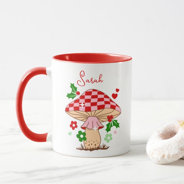 Retro Christmas Disco Ball Mushroom Tasse (Mit Donut)