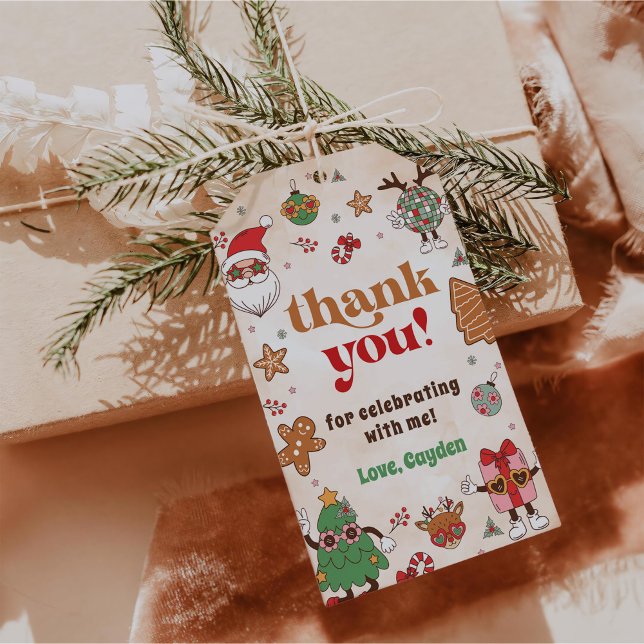 Retro Christmas Erste Geburtstagsparty Geschenkanhänger (Von Creator hochgeladen)