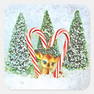 Retro Christmas Fawn Quadratischer Aufkleber