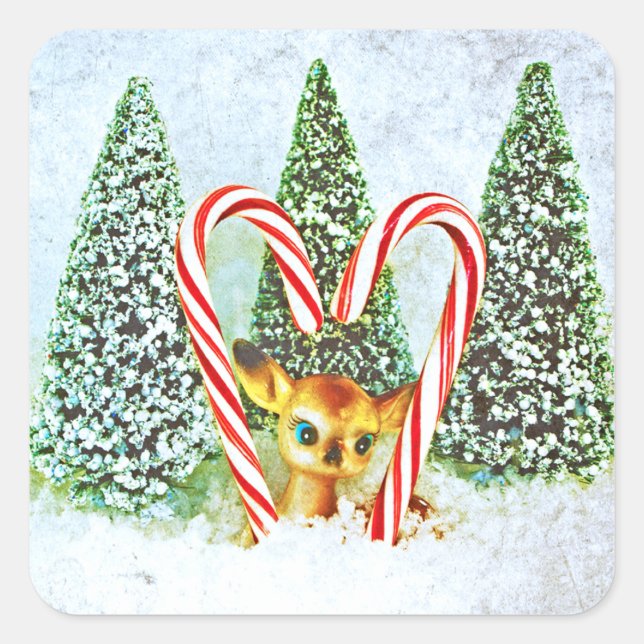 Retro Christmas Fawn Quadratischer Aufkleber (Vorderseite)