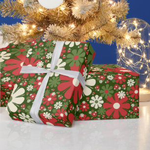 Retro Christmas Floral Fantasy Pattern Red Green Geschenkpapier