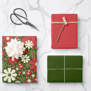 Retro Christmas Floral Fantasy Pattern Red Green Geschenkpapier Set