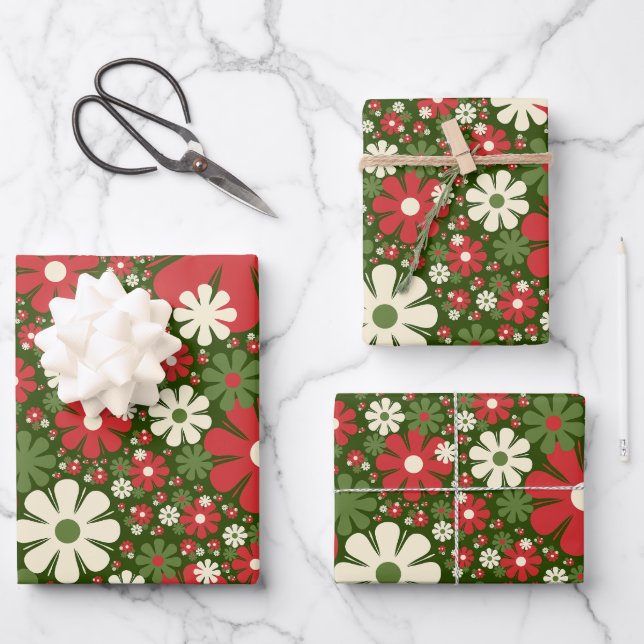 Retro Christmas Floral Fantasy Pattern Red Green Geschenkpapier Set (Vorderseite)
