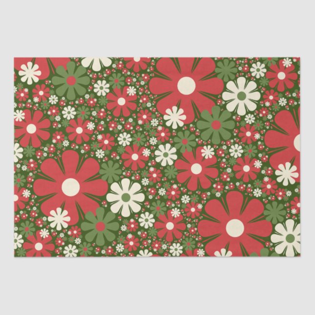 Retro Christmas Floral Fantasy Pattern Red Green Seidenpapier (Vorderseite)