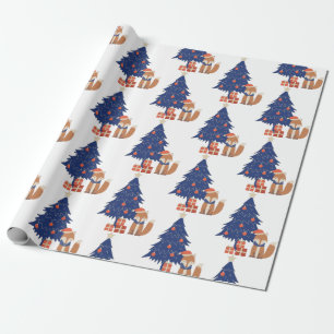 Retro Christmas Fox Illustration Blue Red Geschenkpapier