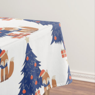 Retro Christmas Fox Illustration Blue Red Tischdecke