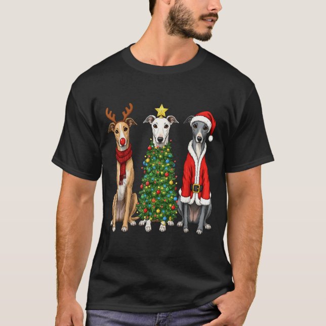Retro Christmas Ghound Santa Reindeer Dog Lover  T-Shirt (Vorderseite)