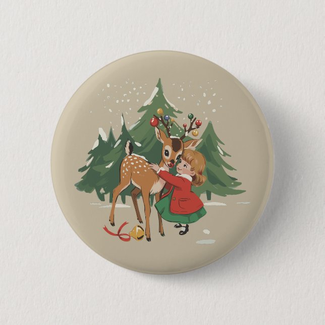Retro Christmas Girl and Rentier Vintager Baum Button (Vorderseite)