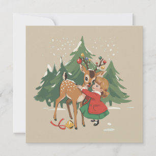 Retro Christmas Girl and Rentier Vintager Baum Feiertagskarte