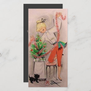 Retro Christmas Girl Trimming Tree Custom Feiertagskarte