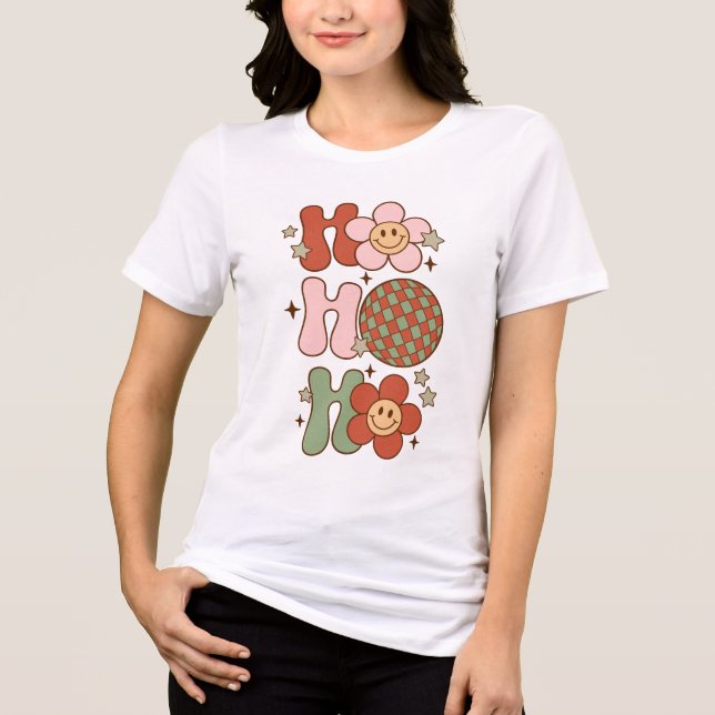 Retro Christmas Ho Ho Ho Ho Happy Gesicht und Disc Tri-Blend Shirt (Vorderseite)
