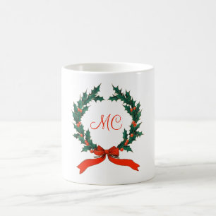 Retro Christmas Holly Wreath mit Initials Holiday Kaffeetasse