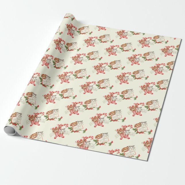 Retro Christmas Kitten und Puppy Geschenkpapier (Ungerollt)