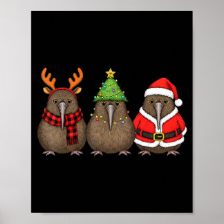 Retro Christmas Kiwi Bird Santa Reindeer Poster