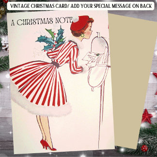 Retro Christmas Lady in Rot mit Feiertagskarte