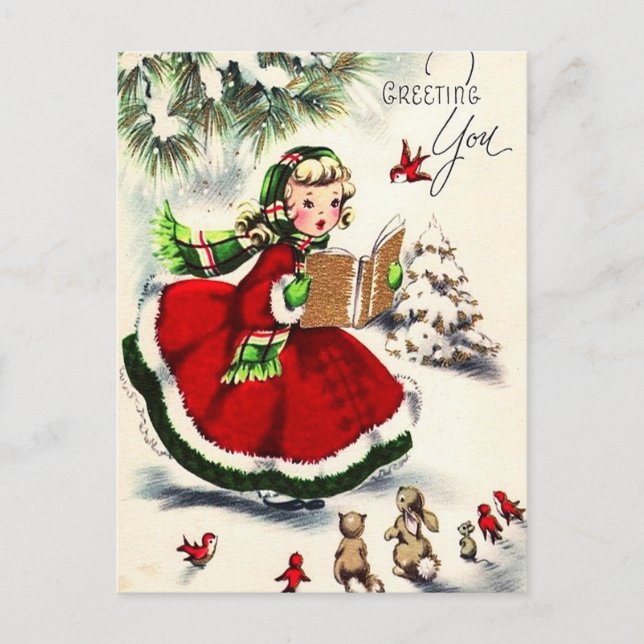 Retro Christmas Little Girl Singing Bunnies Postkarte (Vorderseite)