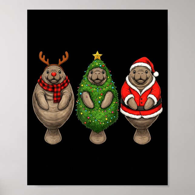 Retro Christmas Manatee Santa Reindeer  Poster (Vorne)
