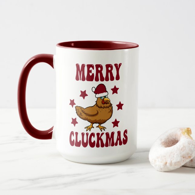 Retro Christmas Merry Cluckmas Funny Chicken Tasse (Mit Donut)