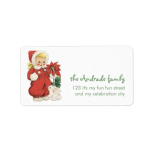 Retro Christmas Niedlich Blonde Girl Red Poinsetti Adressaufkleber