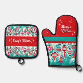 Retro Christmas Ornaments - Customizable Ofenhandschuh & Topflappen-Set