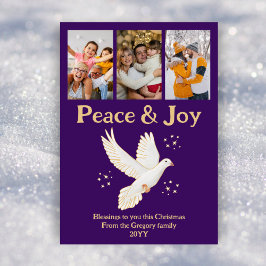 Retro Christmas Peace Jove Dove Lila Gold Foto Feiertagskarte