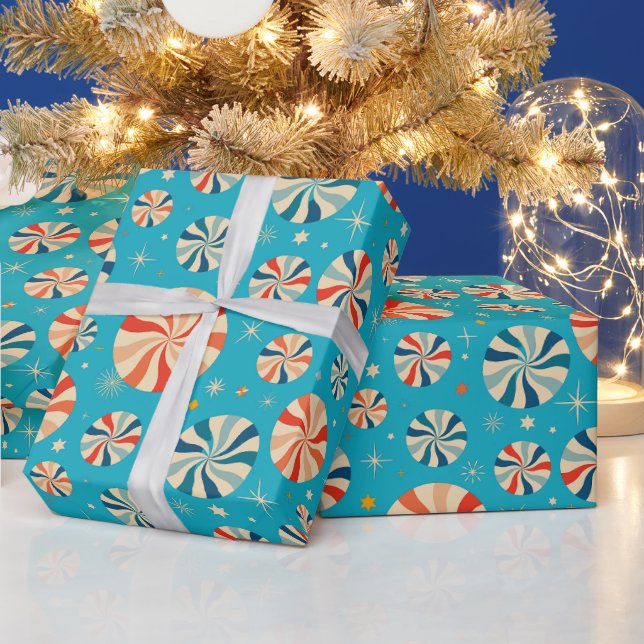 Retro Christmas Peppermint Candy Blue  Geschenkpapier (Feiertage)