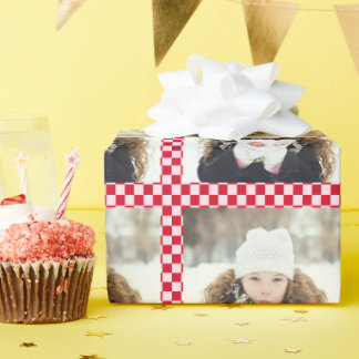 Retro Christmas Photo Collage Checkerboard Red Geschenkpapier