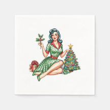 Retro Christmas Pin-Up Cocktail Napkin
