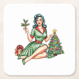 Retro Christmas Pin-Up Paper Coaster Rechteckiger Pappuntersetzer