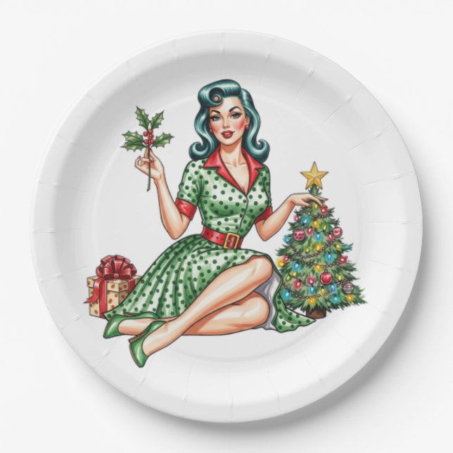 Retro Christmas Pin-Up Paper Plate Pappteller (Vorderseite)