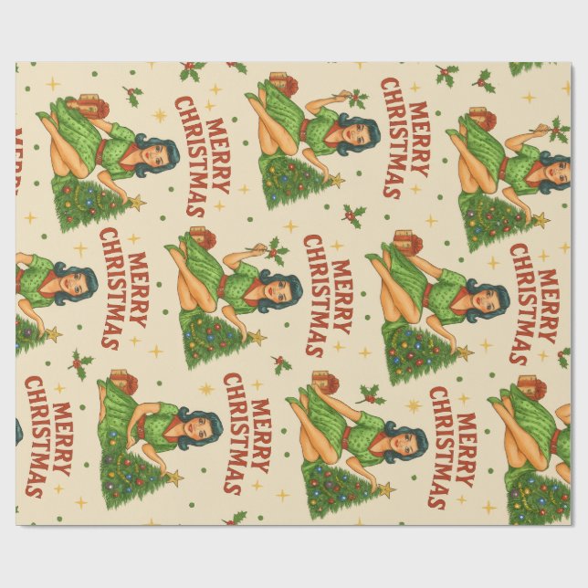 Retro Christmas Pin-Up Wrapping Paper  Geschenkpapier (Flach)