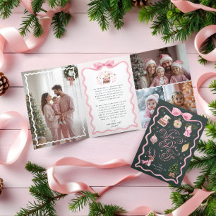 Retro Christmas Pink Ribbon Family Foto Gallery Dreifach Gefaltete Urlaubskarte